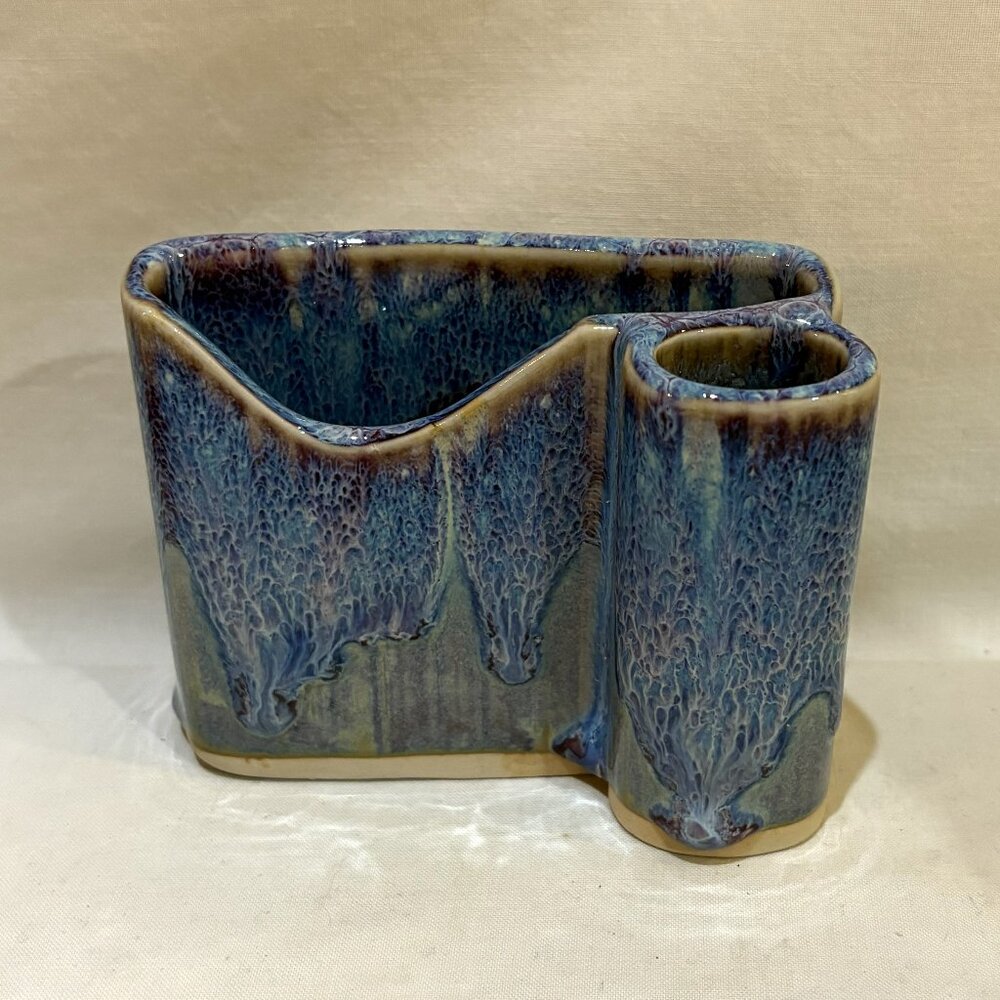 Hand Made Bay Pottery VA Blue Drip Glaze Pen Memo Holder Desktop Organizer